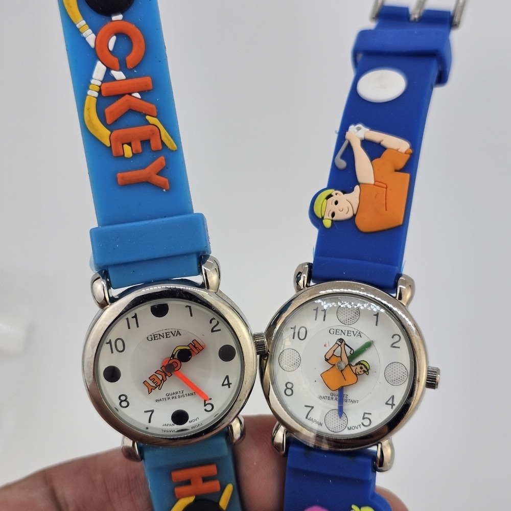 2X Kids Hockey Golf Sport Watches 27MM White Dial Blue Plastic Bands New Battery